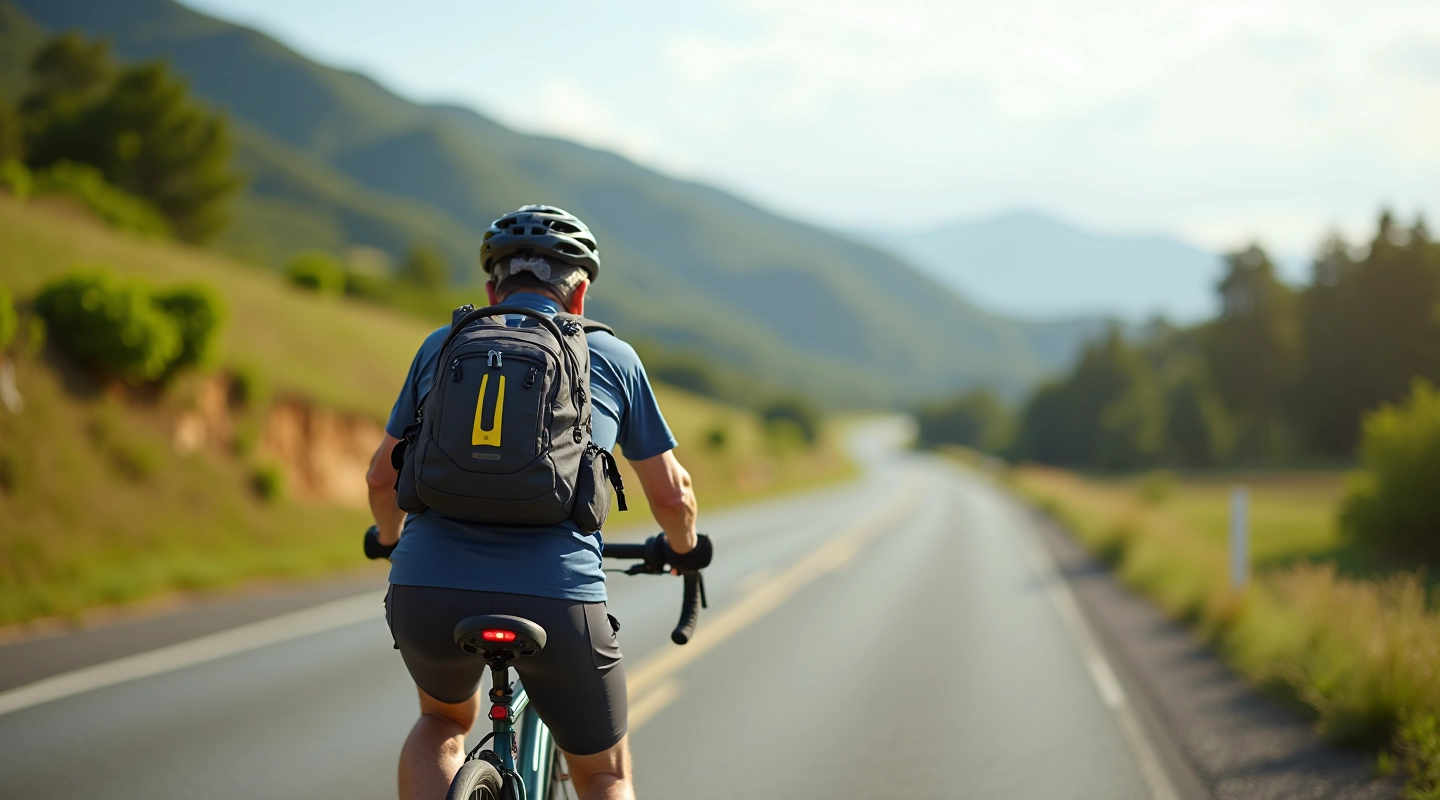 Ciclista con mochila en carretera montañosa hacia el Observatorio de Arecibo, equipado con agua y herramientas