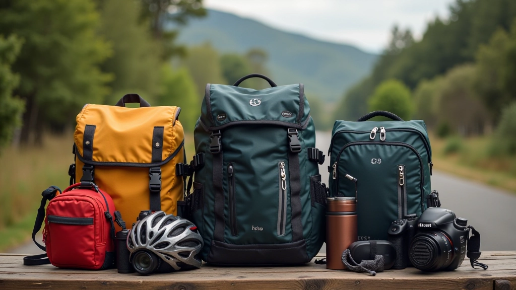 Diferentes tipos de mochilas y accesorios para ciclismo organizados sobre una mesa