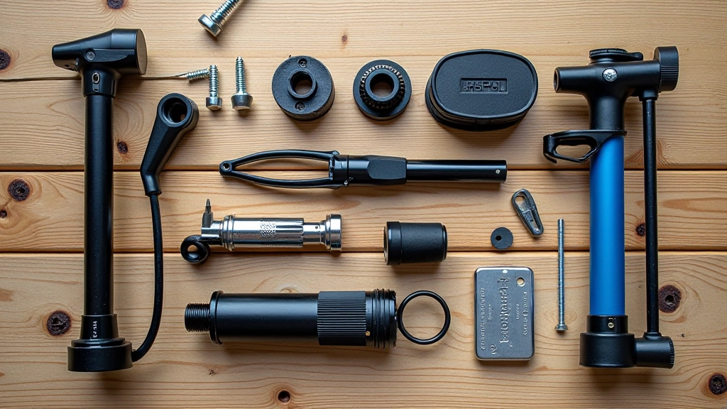 Kit de herramientas de bicicleta sobre superficie de madera: minibomba, parches, llaves y destornilladores compactos