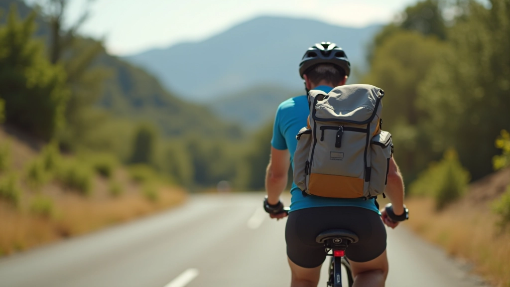 Mochila de ciclismo con botella de agua, barras energéticas y herramientas básicas sobre mesa