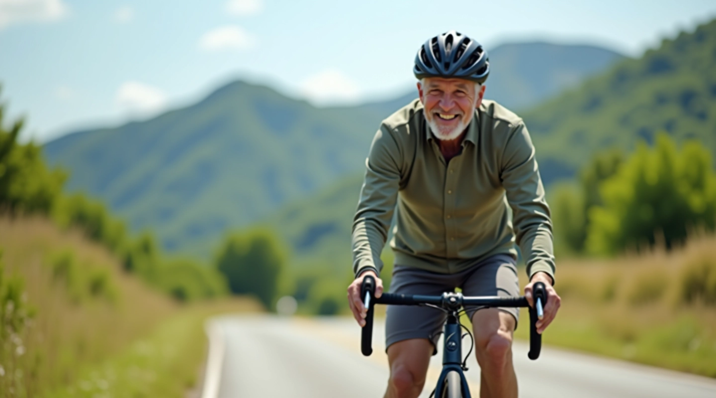 Persona mayor disfrutando de ciclismo de montaña en ruta segura