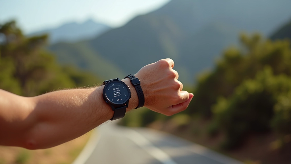 Monitor de frecuencia cardíaca y reloj deportivo en muñeca de ciclista