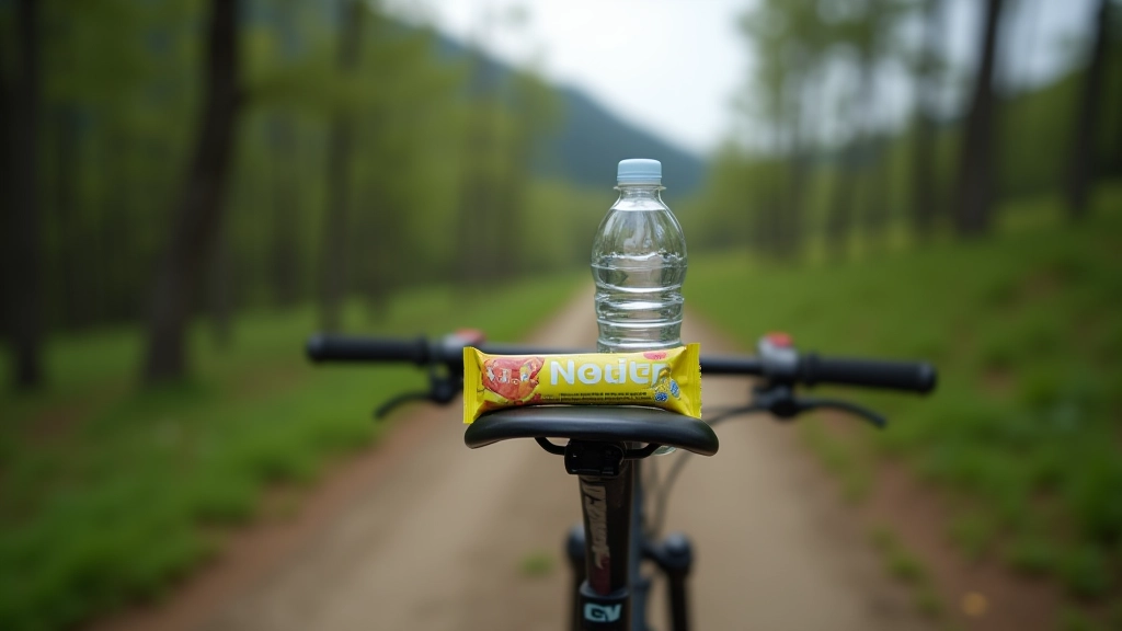 Botella de agua y barrita energética sobre bicicleta de montaña en pausa