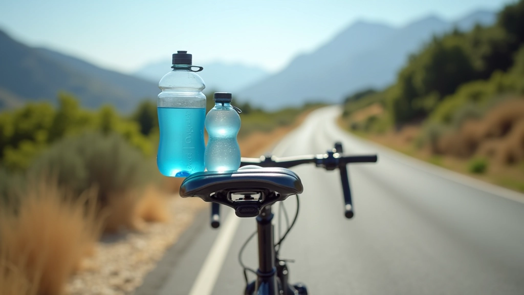 Botellas de agua reutilizables en soporte de bicicleta, marco de aluminio, carretera montañosa de fondo